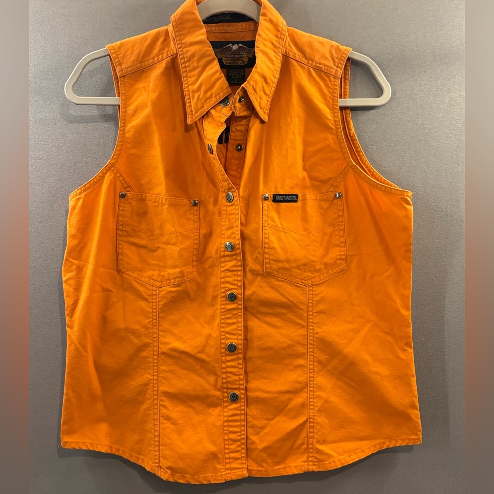 Harley-Davidson Vibrant Orange Sleeveless vest button up Shirt Womens large